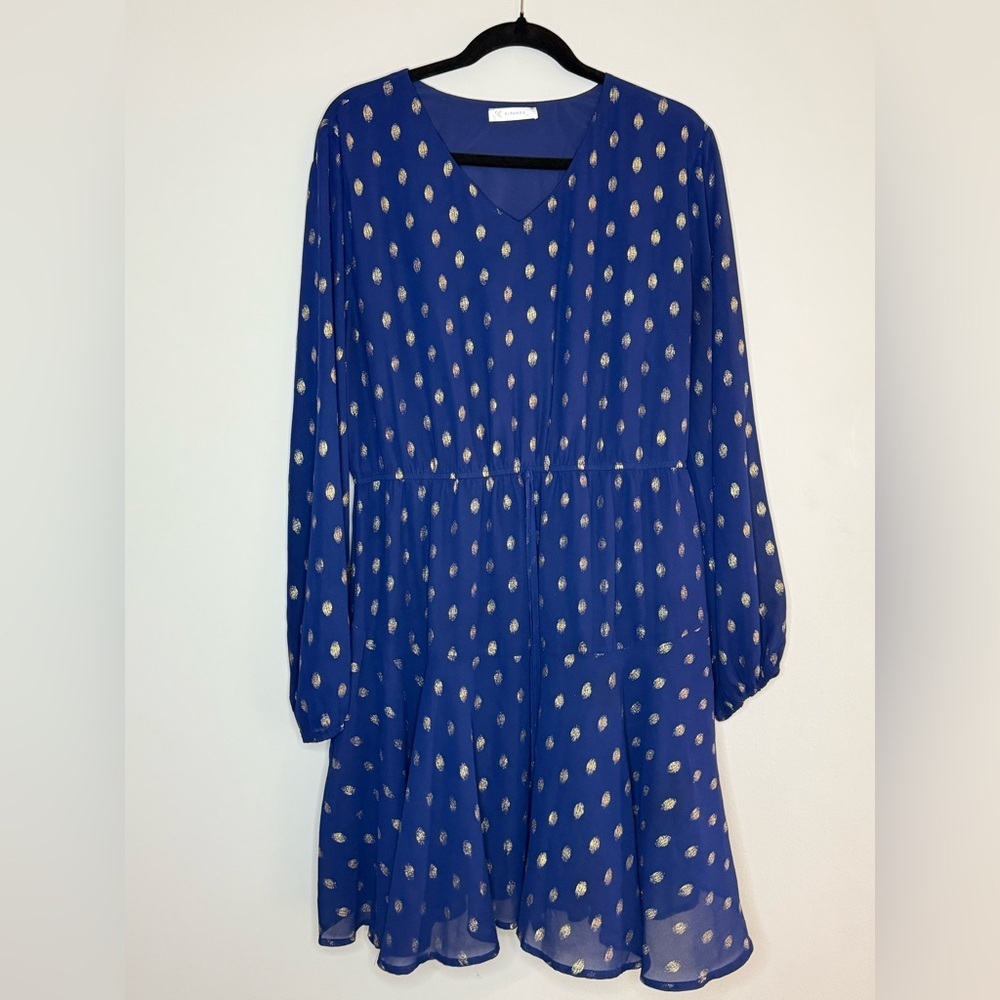 Kirundo Blue Gold Metallic Dot V-Neck Long Sleeve Mini Dress Size Holiday Dress